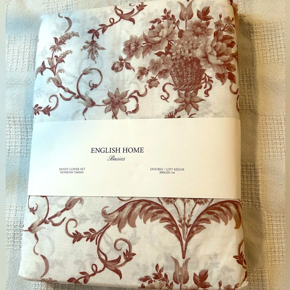 English Home Basics 100% Cotton Duvet Cover Set Double Floral Toile‎ Pink White